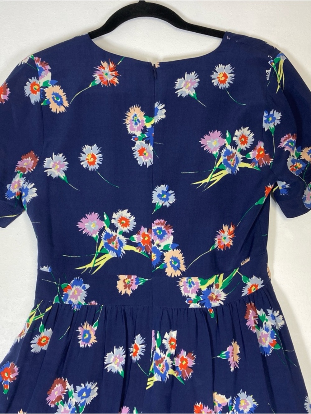 Madewell 100% Silk Navy Blue Floral V-Neck Babydoll Short Sleeve Mini Dress Sz 2 - Picture 7 of 16